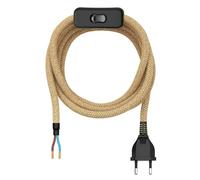 ledscom.de Enchufe europeo tipo C con cable textil, interruptor, 2 m, beige, 2 x 0,75 mm²