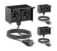 ledscom.de: toma de corriente exterior triple STEDDA con 2 enchufes y cable de 2 m, IP44, acero inoxidable negro en posición horizontal; tomas de corriente para jardín, terraza y exteriores