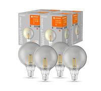 LEDVANCE Bombilla LED inteligente con tecnología Wifi, E27, regulable, blanco cálido, forma de globo, filamento transparente en cristal ahumado, controlable con Alexa, Google, App, paquete de 4