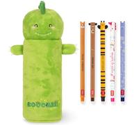 Legami Estuche supersuave con bolígrafos de gel borrables | Juego de 5 bolígrafos de animales con tinta termosensible + Estuche de peluche (Dinosaurio)