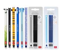 LEGAMI - Juego de 6 bolígrafos de gel borrables + 6 recambios, tinta termosensible negra y azul, punta 0,7 mm, diseños de panda, gato, abeja, tiburón, elefante e hipopótamo