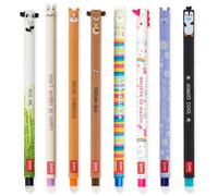 Legami - Juego de 7 bolígrafos de gel borrables con tinta de borrado termosensible, de tinta y diseños de barril, punta de 0,7 mm, diseño de conejo, león, corgi, panda, pingüino