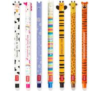 Legami - Juego de 7 bolígrafos de gel borrables con tinta termosensible, variedad de colores de tinta y diseños de barril, punta de 0,7 mm, diseños de vaca, unicornio, hipopótamo, llama, abeja, jirafa