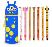 Legami - Juego de 7 bolígrafos de gel borrables + estuche Monster 2 en 1, con tinta de borrado termosensible, de tinta y diseños de barril, punta de 0,7 mm