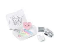 Legami - Mini Juego de papelería, 6 Accesorios en Formato Mini: Tijeras, Goma, Marcador de página, Cinta Adhesiva con dispensador, Grapadora y Grapas, 7 x 10,5 cm, práctica Caja de Transporte