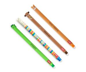 Legami - Set de 4 bolígrafos de gel borrable, temas Dino, Osito, Corgi, Llama, bola en el extremo para quitar la tinta Negro, Azul, Verde, Rojo, sensible a la temperatura, diámetro de la punta 0,7 mm
