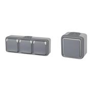 Legrand, 191515 Plexo Enchufe de Pared Triple, Enchufe estanco de Superficie de la Gama Plexo + 191501 Interruptor Conmutador Estanco de Superficie, Gris