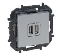LEGRAND Cargador doble USB tipo A componible para instalación empotrada, Gama Niloé Step, Color Aluminio, 398263B