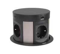 Legrand, Incara Tower 120 654982 - Enchufe con sistema elevador (2 puertos USB-A, 2 USB-C, 4 enchufes, 2 conectores macho a 2 P+E, profundidad de montaje: 181,7 mm, 250 V, 15 W, aluminio/negro)