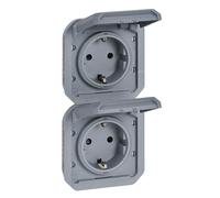 LEGRAND, Plexo 069577L - Enchufe para ambientes húmedos (2 enchufes, estándar Schuko, incluye tapa, protección táctil, precableado, vertical, IP44 - IK08, IP55 con la tapa cerrada), color gris