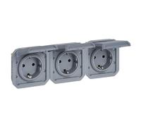 LEGRAND, Plexo 069578L - Enchufe de 3 enchufes para ambientes húmedos, incluye tapa, protección táctil, precableado, horizontal, IP44 - IK08 (IP55 con la tapa cerrada), color gris