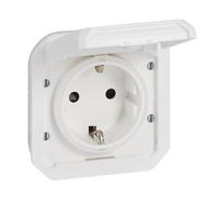 LEGRAND, Plexo 069639L - Enchufe para ambientes húmedos, estándar Schuko, incluye tapa, protección táctil, terminales de rosca, 16 A, 250 V, IP44 - IK08 (IP55 con la tapa cerrada), color blanco