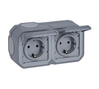 LEGRAND, Plexo New 069742L - Toma de corriente (2 enchufes, estándar Schuko, incluye tapa abatible, protección táctil, precableado, terminales horizontales, IP44 - IK07), color gris