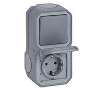 LEGRAND, Plexo New 069746L - Interruptor universal de encendido/apagado (1 pin) y enchufe de protección de contacto (SL), incluye tapa abatible, IP44-IK07 (enchufe), IP55 - IK07 (interruptor), color