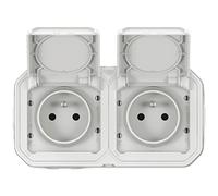 Legrand - Toma de corriente doble con conexión a tierra impermeable, tapa con bisagras precableada Plexo 16 A 250 V, se suministra completo para montaje horizontal en color blanco