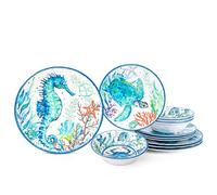 LEHAHA Juego de vajilla de playa de melamina de 12 piezas, juegos de platos y cuencos costeros, juegos de platos de vida marina oceánica para 4, ideal para comer en interiores y exteriores en la
