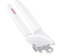 Leifheit Abrelatas Exact – plástico blanco y acero inoxidable, corte endurecido, abre botellas