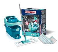 Leifheit Set de cubo con ruedas y mopa extraplana Profi XL, cubo escurridor con prensa, mopa friegasuelos con palo de acero y funda de repuesto