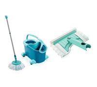 Leifheit Set de fregona Rotatoria Clean Twist Disc Mop Ergo Mobile 2.0 con Ruedas + Flexipad Mopa para Limpia Azulejos Telescopio, Verde