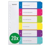 Leitz 12420000 - Separadores para A4, paquete de 20, portada para escribir en PC y 6 separadores, pestañas con números del 1 al 6, gran ancho, multicolor, polipropileno, WOW