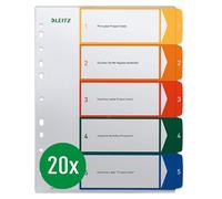 Leitz 12910000 - Separadores para A4, 20 unidades, portada para escribir en PC y 5 separadores, pestañas con números del 1 al 5, gran ancho, blanco/multicolor/transparente, polipropileno, 12910000