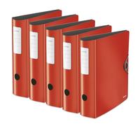 Leitz Archivador de calidad 180° Active Solid, A4, paquete de 5 unidades, ancho, lomo redondeado, 8,2 cm de ancho, cierre de goma, espuma ligera, carpeta de plástico, serie WOW, rojo, 10471020