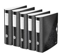 Leitz Archivador de calidad 180° Active WOW, 5 unidades, A4, ancho, lomo redondeado, 8,2 cm de ancho, cierre de goma, espuma ligera, carpeta de plástico, serie WOW, color negro, 11060095