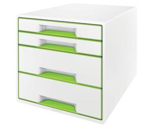 Leitz Buc de 4 Cajones A4 con Rotulador y Bandeja Transparente, Organizador, Gama WOW, Blanco/Verde, 52132054