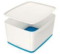 Leitz MyBox Grande con tapa, Caja de almacenaje para casa o la oficina, 18 litros, A4, Blanco/Azul metalizado, Plástico brillante, 52161036