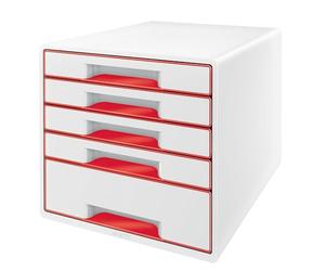 Leitz WOW Cajonera de Sobremesa, Archivador de Cajones para Escritorio Tamaño A4 con Bandeja Organizadora Transparente, 4 Cajones Pequeños y 1 Grande, Blanco/Rojo, 52132026