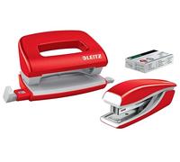 Leitz WOW Mini Grapadora y Perforadora, Color Rojo Metálico, Grapa o Perfora hasta 10 Hojas, Incluye 1000 Grapas P2 N°10, 55612026