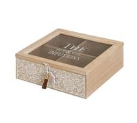 LEKE GO Caja de té de madera y cristal beige flores de 20x21x7 cm