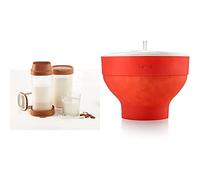 Lékué 8420460013099 Recipiente para elaborar bebidas vegetales caseras, 1000 milliliters, Plástico, Marrón + Recipiente para cocinar Palomitas, Rojo, 20 cm