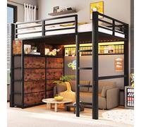 Lekvvied Cama alta de 140 x 200 cm con 8 cajones y tira LED, litera de metal con estantes y panel perforado, cama de hierro para cama de matrimonio, camas para niños y adro, sin colchón, color negro