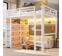 Lekvvied Cama alta de 140 x 200 cm con 8 cajones y tira LED, litera de metal con estantes y panel perforado, cama de hierro para cama de matrimonio, camas para niños y adro, sin colchón, blanco