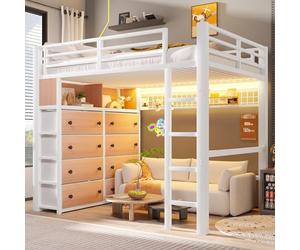 Lekvvied Cama alta de 140 x 200 cm con 8 cajones y tira LED, litera de metal con estantes y panel perforado, cama de hierro para cama de matrimonio, camas para niños y adro, sin colchón, blanco