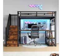 Lekvvied Cama alta de hierro 90 x 200 con luces LED, escritorio, puertas USB+tipo C, estante de almacenamiento, rejilla colgante, litera para niños con escalera de almacenamiento, estructura de cama