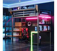 Lekvvied Cama alta de metal 90 × 200 con luces LED, enchufe, escritorio, estante, red de almacenamiento, litera para niños con escalera portaobjetos, estructura de cama individual, color negro