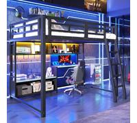 Lekvvied Cama alta gaming 140 x 200 cm con escritorio y luz LED, estantes de almacenamiento, litera de metal con escalera, cama alta de matrimonio, estructura de camas para niños, negro y azul