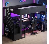 Lekvvied Cama alta gaming 90 x 200 cm con escritorio y escalera contenedora, iluminación LED y puerto USB, madera litera con barra de seguridad, camas individuales para niños, sin colchón, negro