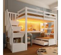 Lekvvied Cama alta para niños 90 x 200 cm con escritorio y estantes, 2 cajones integrados, litera individual de madera de pino con escalera contenedor, laterales y estructura de cama para niños, color