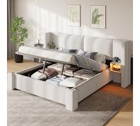 Lekvvied Cama de matrimonio de 140 x 200 cm con almacenamiento, luces LED y | Cama tapizada, cama de 1 plaza y media, somier de láminas con mecanismo hidráulico, cabecero ancho, lino beige