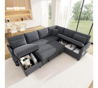 Lekvvied Sofá esquinero L/U de 6 plazas, sofá cama con chaise longue reversible y almacenamiento, sofá modular con puerto USB tipo C, sofá convertible con bolsillos, tejido efecto lino, gris