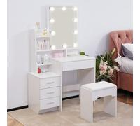 LEMROE Hollywood - Tocador con espejo LED y taburete, mesa de maquillaje de piel sintética con 7 estantes y 4 cajones, tocador para mujeres y niñas, muebles modernos de dormitorio (4 cajones)