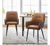 LEMROE Juego de 2 sillas de comedor de cuero, colores empalmados con soporte de espalda y brazos, tapizadas con patas de metal (marrón y gris)