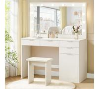 LEMROE Tocador con Espejo LED 3 Luces Regulables y Taburete, Mesa de Maquillaje Blanco Moderno con 4 Cajones y 1 Armario, Tocador de Maquillaje, 40 x 105 x 140 cm