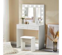 LEMROE Tocador Mesa de Maquillaje con Hollywood LED Espejo, Mueble Tocadores con Luz, 2 Cajones Grandes y Taburete Moderno Blanco