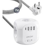 LENCENT Cubo Regleta Enchufes 2M con 4 Tomas de CA, 3 USB y 1 Tipo C, Alargadera Electrica Protección contra Sobretensiones para Familia, Cocina y Oficina White