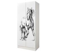 leomark Armario Funcional de Madera, Roma, para Niños Caballo al Galope | 3 estantes, compartimento para colgar ropa, manillas seguras, medidas 70x42,5x161,5 cm, fijación a pared, montaje fácil