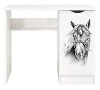 leomark Escritorio Roma de Madera con Compartimiento Retrato de Un Caballo | ROMA /Dim: 90/50/77, cm/ Mesa de Ordenador para Niños, Blanco /Retrato de un caballo, Mesa de madera de Trabajo o Estudio